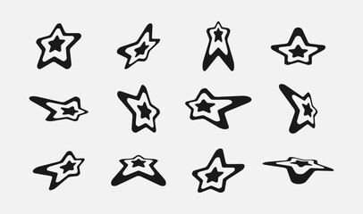 Set with various Y2k stars elements for design. Fashionable geometric forms of brutalism, elements of Memphis. Simple shapes, symbols and frames in y2k style. Vector illustration