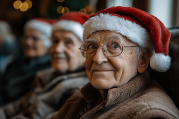 Old man portrait, wearing a Santa hat while enjoying a festive Christmas gathering with his friends, looking at camera. Joyful senior residents celebrating Christmas in a retirement home.