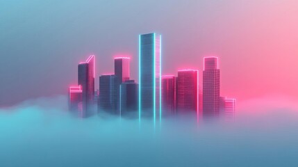 Fototapeta premium City skyline in dense fog, neon reflections, futuristic feel, 3D illustration
