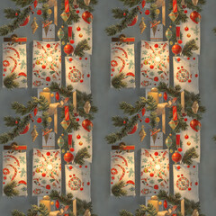 Charming vintage Christmas pattern with classic ornaments and candy canes, perfect for festive designs and crafts.