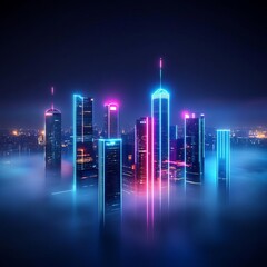 Cityscape at night, blanketed in fog, neon reflections, 3D illustration