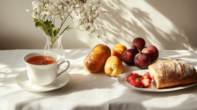 A simple yet elegant breakfast setup with tea, bread, and fruit, arranged on a classic white tablecloth.