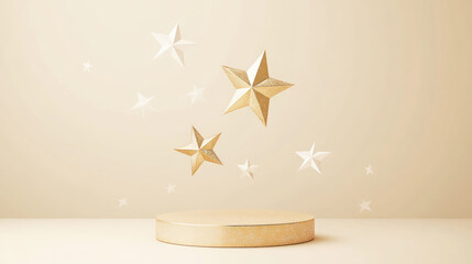 Golden podium displaying with sparkling stars floating