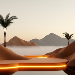 Desert oasis, surrounded by fog, glowing water, 3D illustration