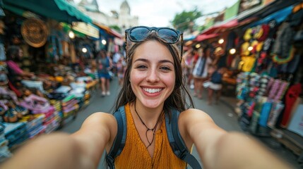 Fototapeta premium A solo traveler taking a wide-angle selfie on a crowded street market, with colorful stalls in the background.