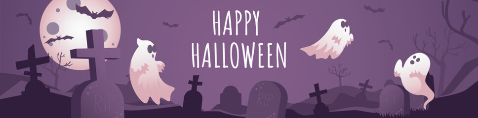 Happy Halloween banner design. Party invitation purple template with night cemetery, tombstones and crosses, flying spooky ghosts and bats, huge mystery moon and black trees. Vector illustration.