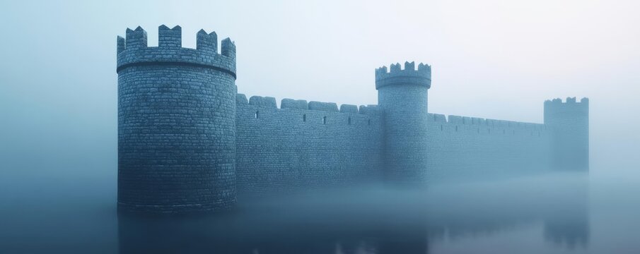 Enchanted castle, foggy moat, magical ambience, 3D illustration