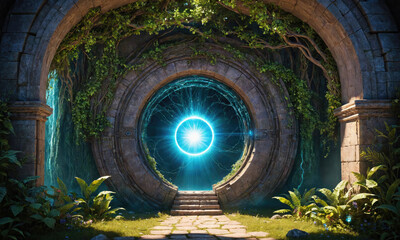 A stone archway leads to a glowing portal in a lush forest