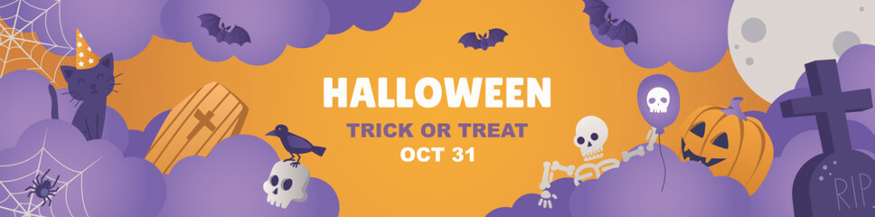 Happy Halloween banner design. Party invitation template with purple clouds, moon, pumpkin, skeleton, raven on skull, black cat, spiders on web, bats, tombstone cross, coffin. Vector illustration.
