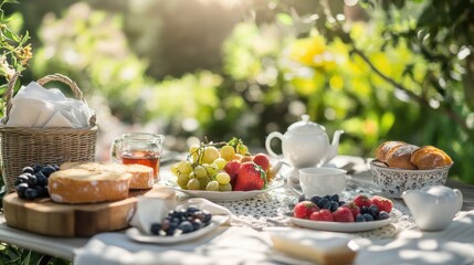 A traditional breakfast setup with fresh fruit, bread, and tea on a beautiful outdoor table, creating a serene background.