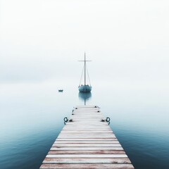 Obraz premium Foggy dock, lone ship anchored, silent waters, 3D illustration