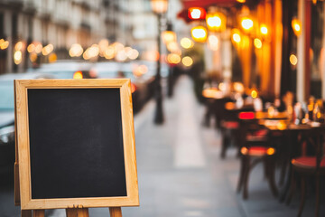 Obraz premium Charming cafe street scene featuring a blank chalkboard and cozy dining atmosphere with warm lights and inviting tables.