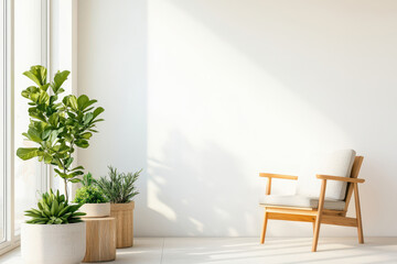 Fototapeta premium Bright and modern interior featuring a stylish chair and vibrant indoor plants, perfect for creating a serene atmosphere.