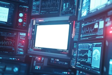 Obraz premium A white screen is in front of a wall of monitors displaying stock prices