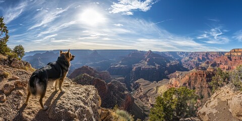 Naklejka premium A wide-angle photograph of a dog standing on the edge of a cliff, looking out over a scenic view.