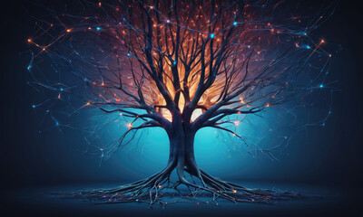 A glowing tree with intricate branches and roots against a dark blue background