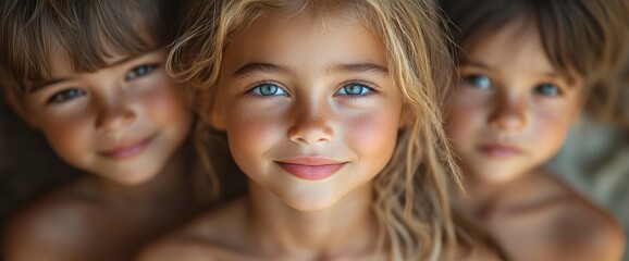 Obraz premium Three Children with Beautiful Blue Eyes