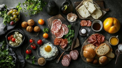 A variety of traditional breakfast foods arranged on a stone surface, creating a rustic and charming morning scene.