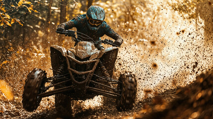 Atv rider splashing through mud puddles in the forest
