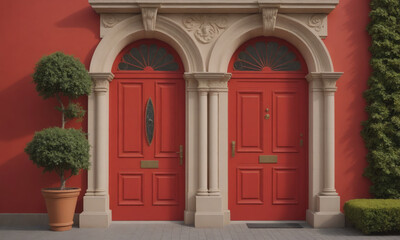 Obraz premium Two red doors with decorative arched frames and ornate white molding are flanked by topiary trees in terracotta pots