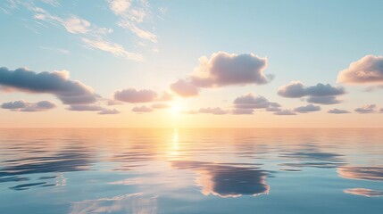 Fototapeta premium Misty horizon, clouds drifting over the sea, tranquil scene, 3D illustration