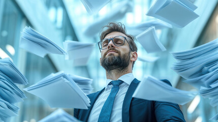 Businessman standing under falling papers looking stressed out