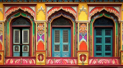 Fototapeta premium A vibrant and lively Indian Haveli exterior with intricate patterns, showcasing the beauty of traditional architecture.