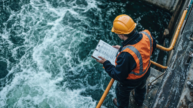 Water engineer inspecting flowing water in treatment plant