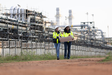 A diverse female industrial engineer  on a construction site oil refinery  talking on a...