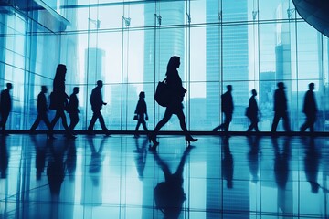 Modern business workplace with people in walking in during day time. motion blur concept.