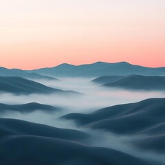 Rolling fog over hills, serene landscape, sunrise glow, 3D illustration