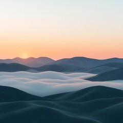 Fototapeta premium Rolling fog over hills, serene landscape, sunrise glow, 3D illustration