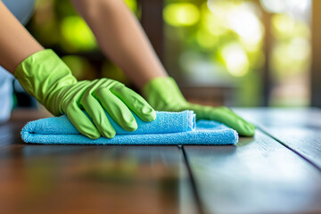 Person wearing green gloves wipes wooden surface with blue cloth, representing cleanliness, hygiene, and domestic chores