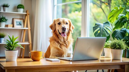 Cute Dog Sitting Next to a Computer, Engaged in Work or Play in a Cozy Home Office Setting