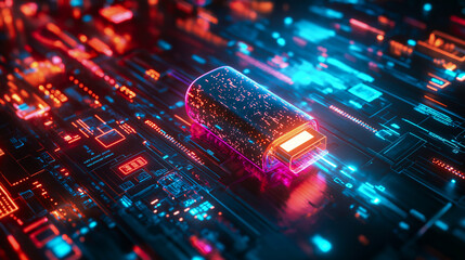 Futuristic flash drive glowing with neon lights, lying on circuit board with vibrant red and blue electronic components, symbolizing digital storage, technology, and data transfer