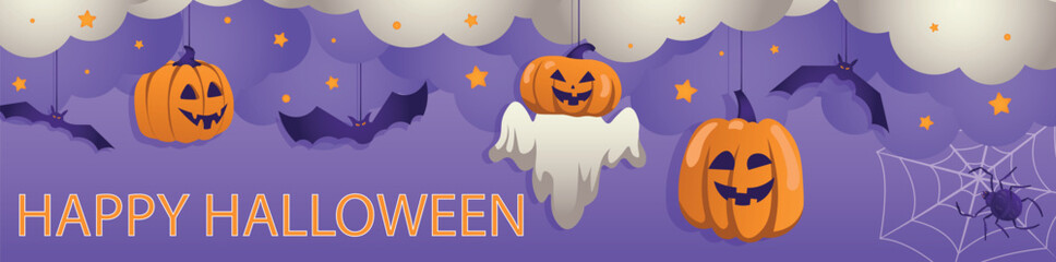 Happy Halloween banner design. Party invitation template with spooky pumpkins with evil smiles, creepy ghost and flying bats hanging in clouds with stars, black spider on web. Vector illustration.