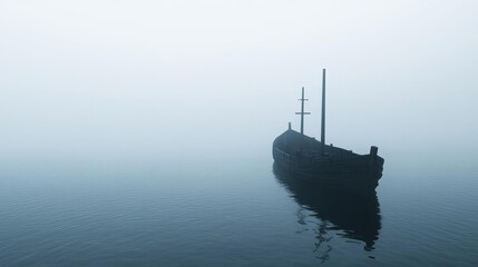 Sunken ship, surrounded by fog, eerie ocean, 3D illustration