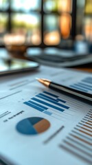 Business reports with charts and pen