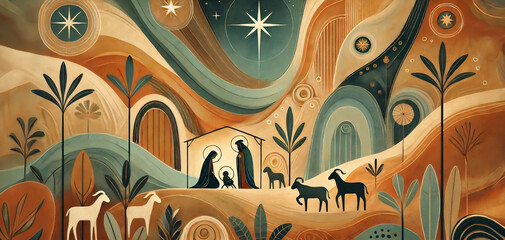 Boho style painting representing Nativity scene in Bethlehem. Christmas scene illustration showing holy family baby Jesus in the manger Joseph and Mary. Wallpaper or banner