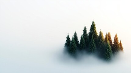 Treetops, peeking through fog, early morning light, 3D illustration