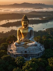 Fototapeta premium Aerial view of Phuket’s Big Buddha during a sweet sunrise.