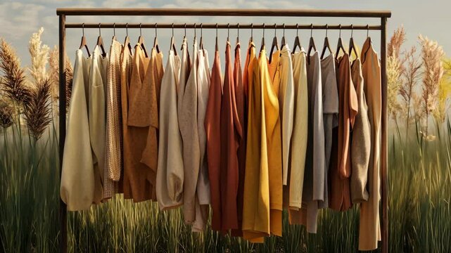 A clothing rack filled with neutral-toned garments stands in a field of tall grass under a bright, partly cloudy sky