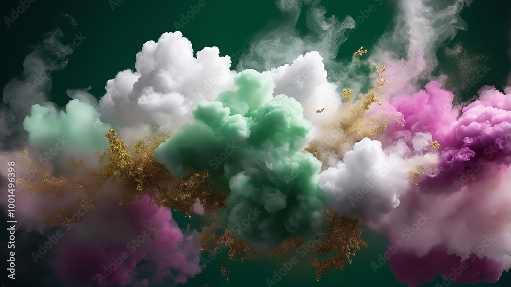 Canvas Prints The smoke, cloud with smoke white, green, violet,gold and pink , white flowers, white smoke, and golden star and green, fashion, vibrant, 3d render