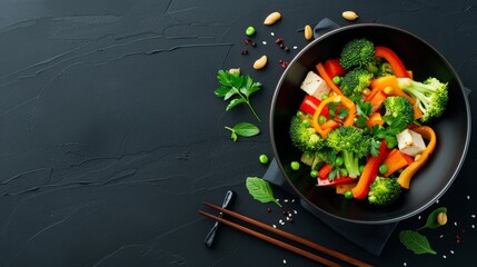 Colorful vegetable stir-fry with bell peppers, carrots, broccoli, and tofu, served in a wok, high contrast