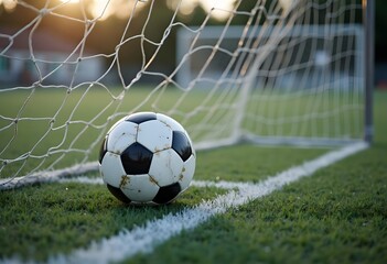 Fototapeta premium Soccer football on green grass field and goal post 