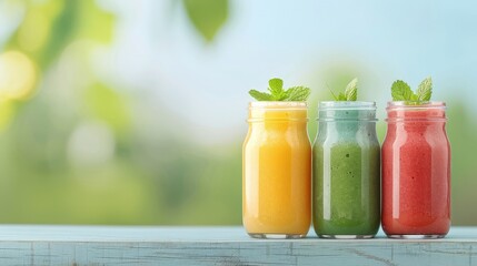 Fototapeta premium Colorful fruit and vegetable smoothie jars, rustic table, natural lighting