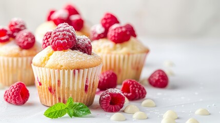 Raspberry and white chocolate muffins, bright and fresh