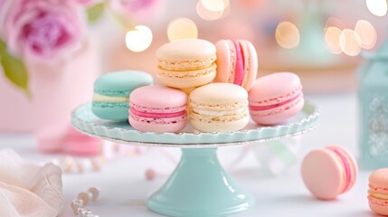 French macarons in various pastel colors, elegant presentation