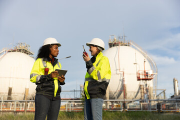 Co-workers, female chemical engineers, are using a digital tablet and walkie-talkie to communicate at the gas storage tanks of the chemical plant