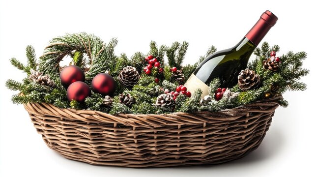 Wicker gift basket filled with a bottle of wine and Christmas-themed decor such as mini wreaths and ornaments, isolated against a white backdrop.